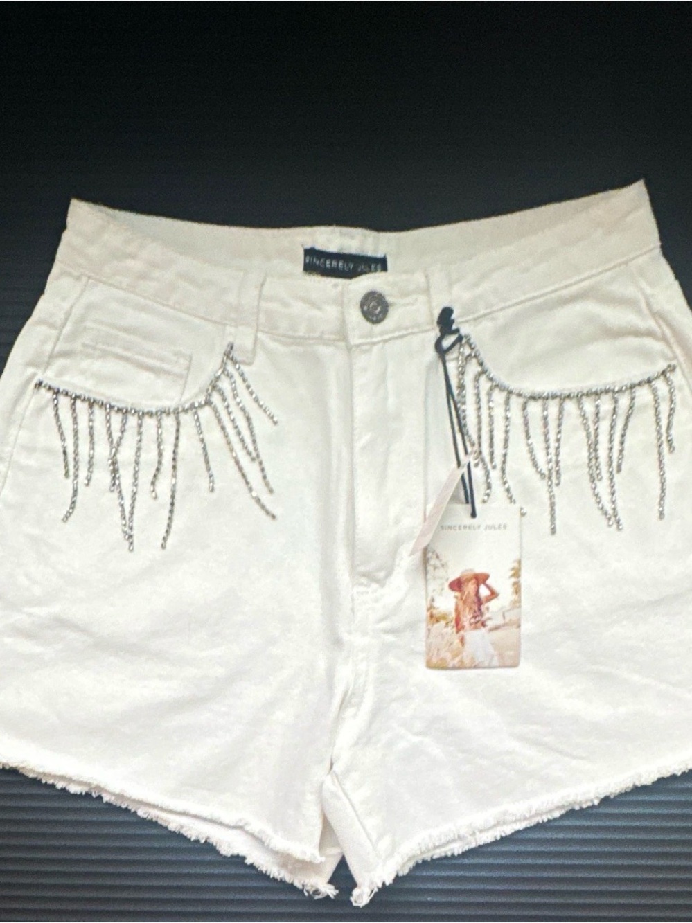 Sincerely Jules White Denim Shorts with Silver Fringe Chains